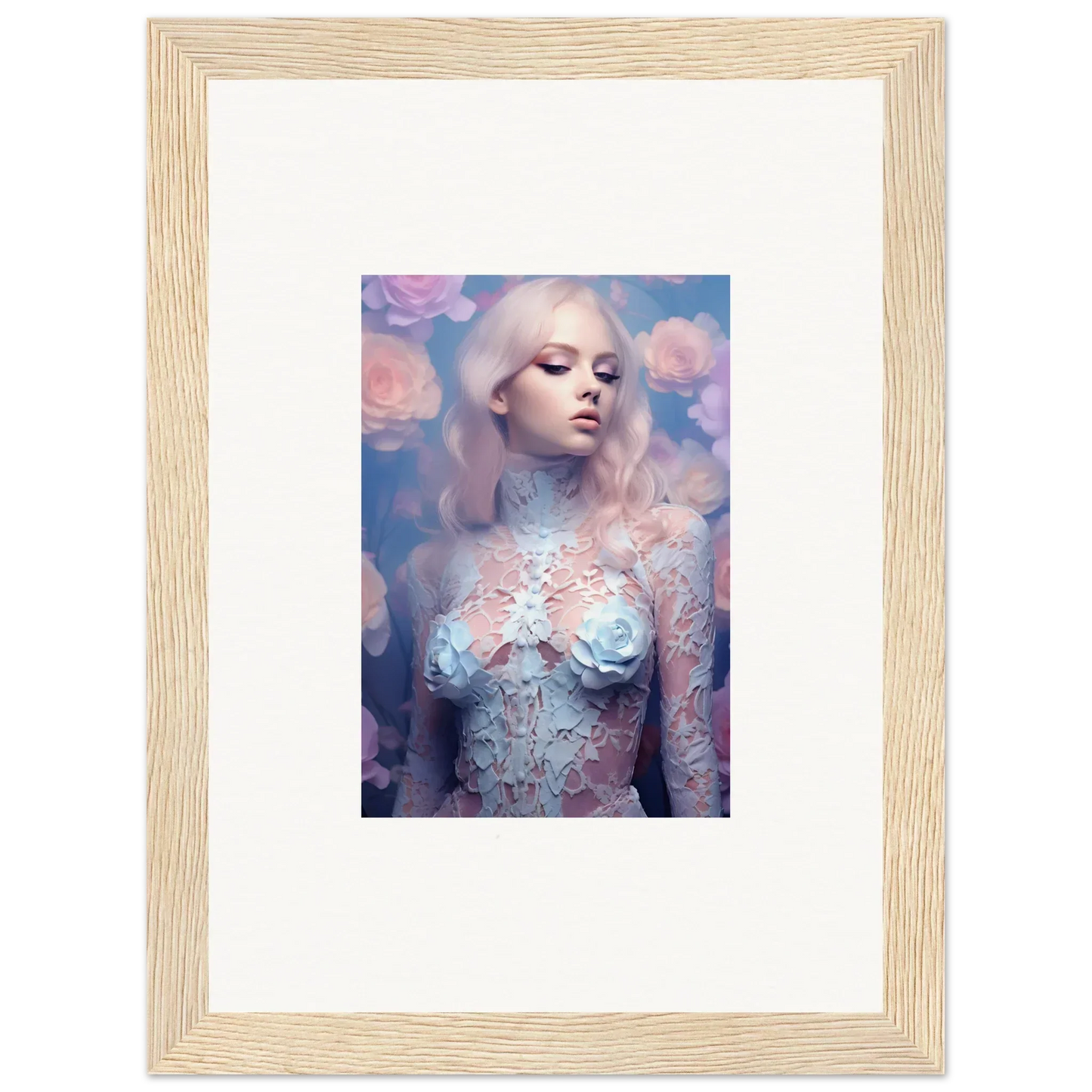 Framed wall art of a woman with floral designs, perfect for petal vapor room decor