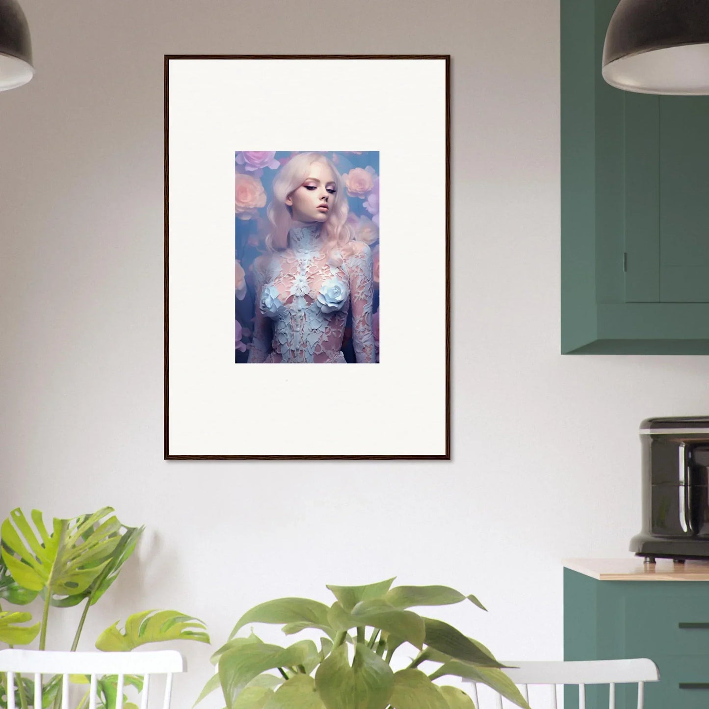 Framed wall art of a figure with pale skin and hair on dreamy blue petal vapor backdrop