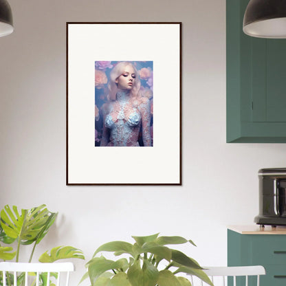 Framed wall art of a figure with pale skin and hair on dreamy blue petal vapor backdrop