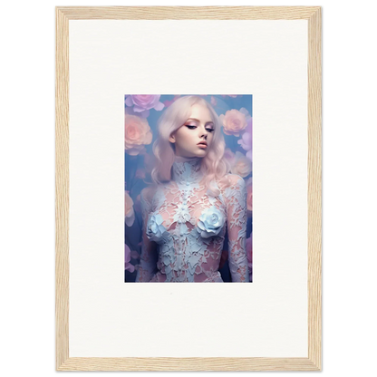 Framed wall art of a figure with petal vapor textures on a pastel background