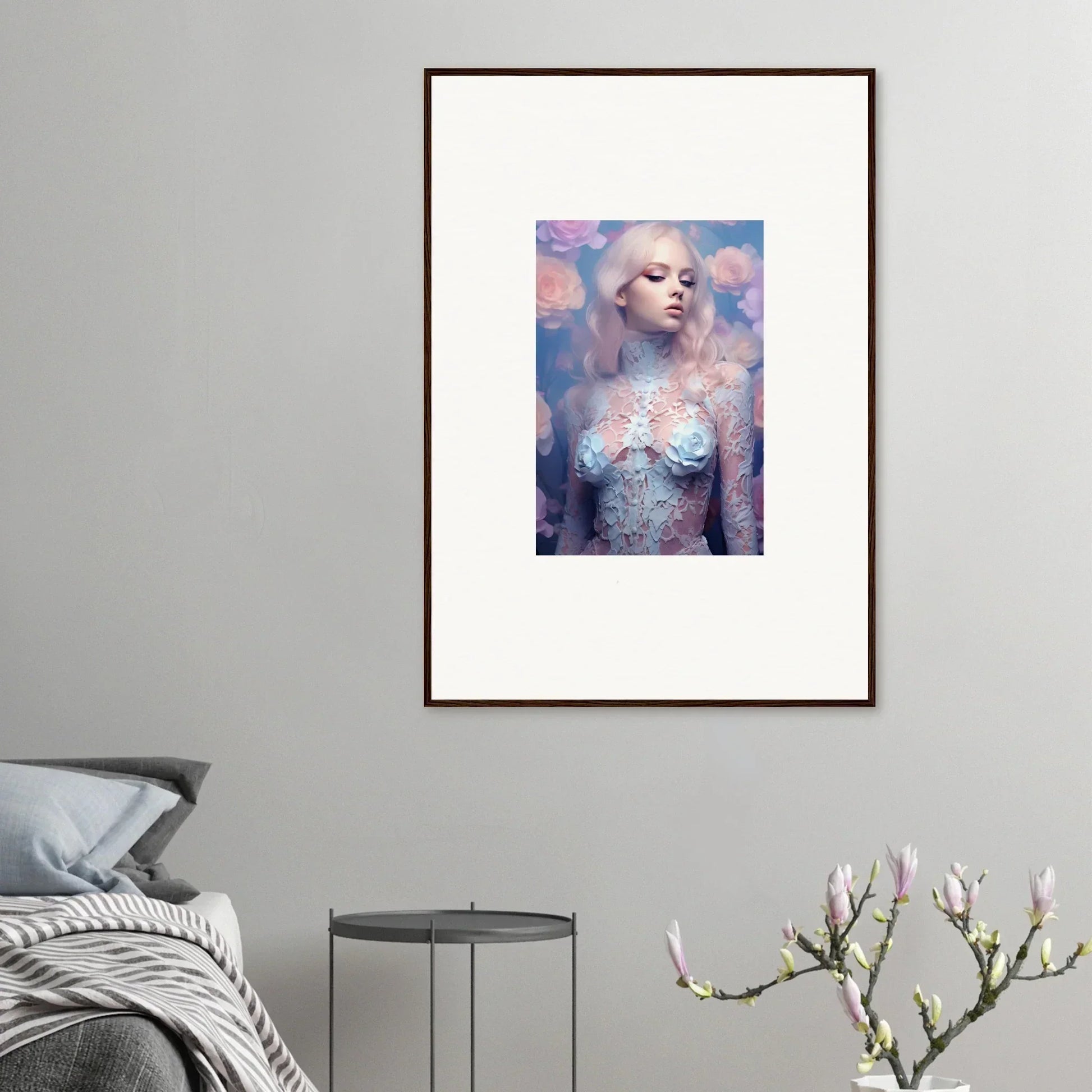 Framed wall art featuring a person with pale skin over petal vapor room decor background