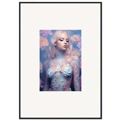 Framed wall art of a pale woman in lace attire with petal vapor pastel sky backdrop