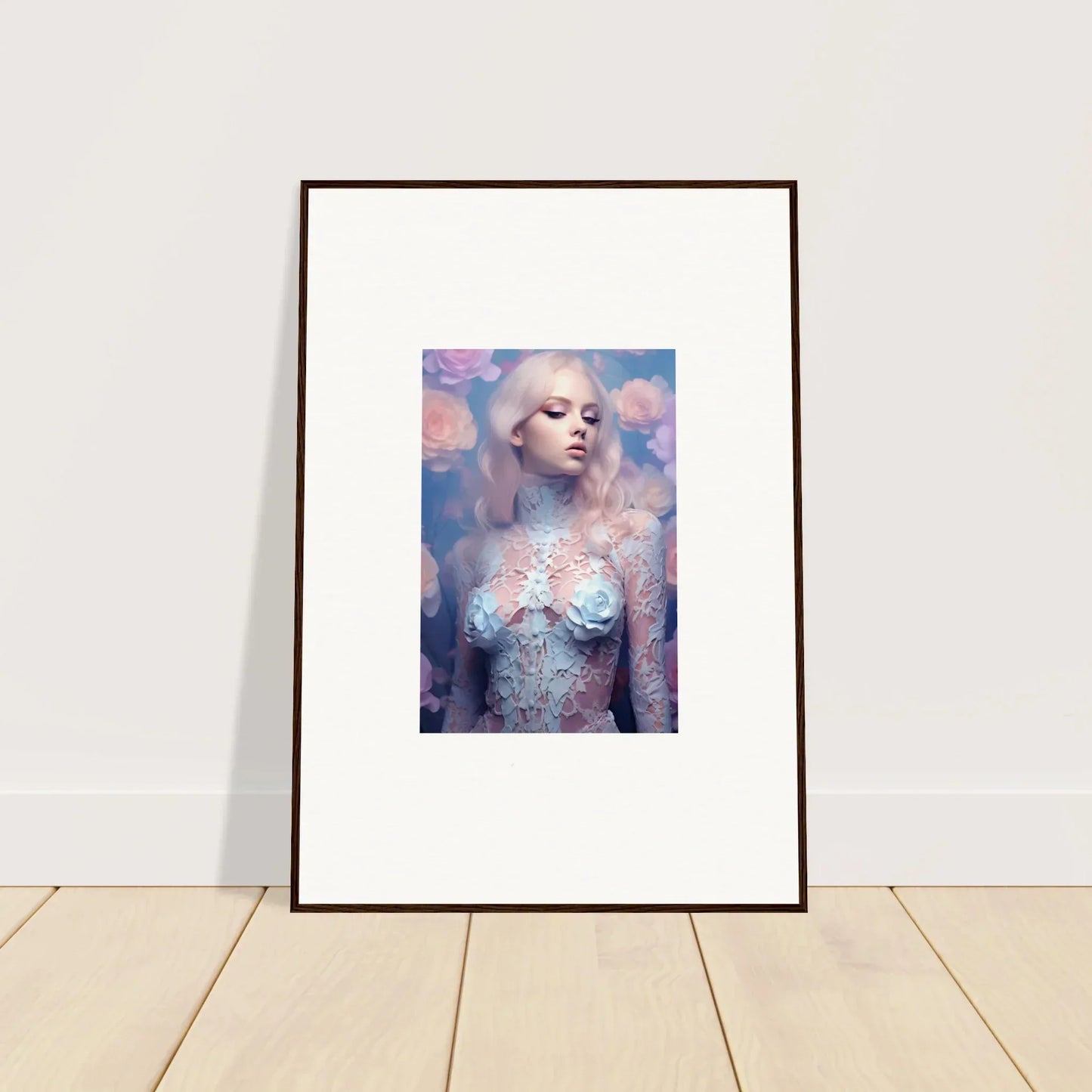 Framed wall art of ethereal female figure with petal vapor pastel background for room decor