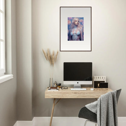 Minimalist home office with wooden desk, framed wall art, and petal vapor decor