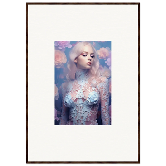 Framed wall art of an ethereal woman in petal vapor pastel colors for room decor