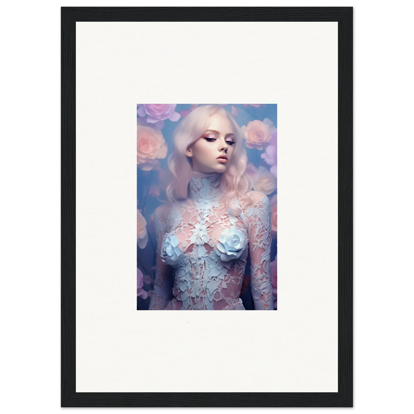 Framed wall art of a pale figure in pastel body paint for unique room decor with petal vapor