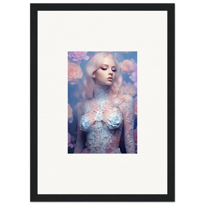 Framed wall art of a pale figure in pastel body paint for unique room decor with petal vapor