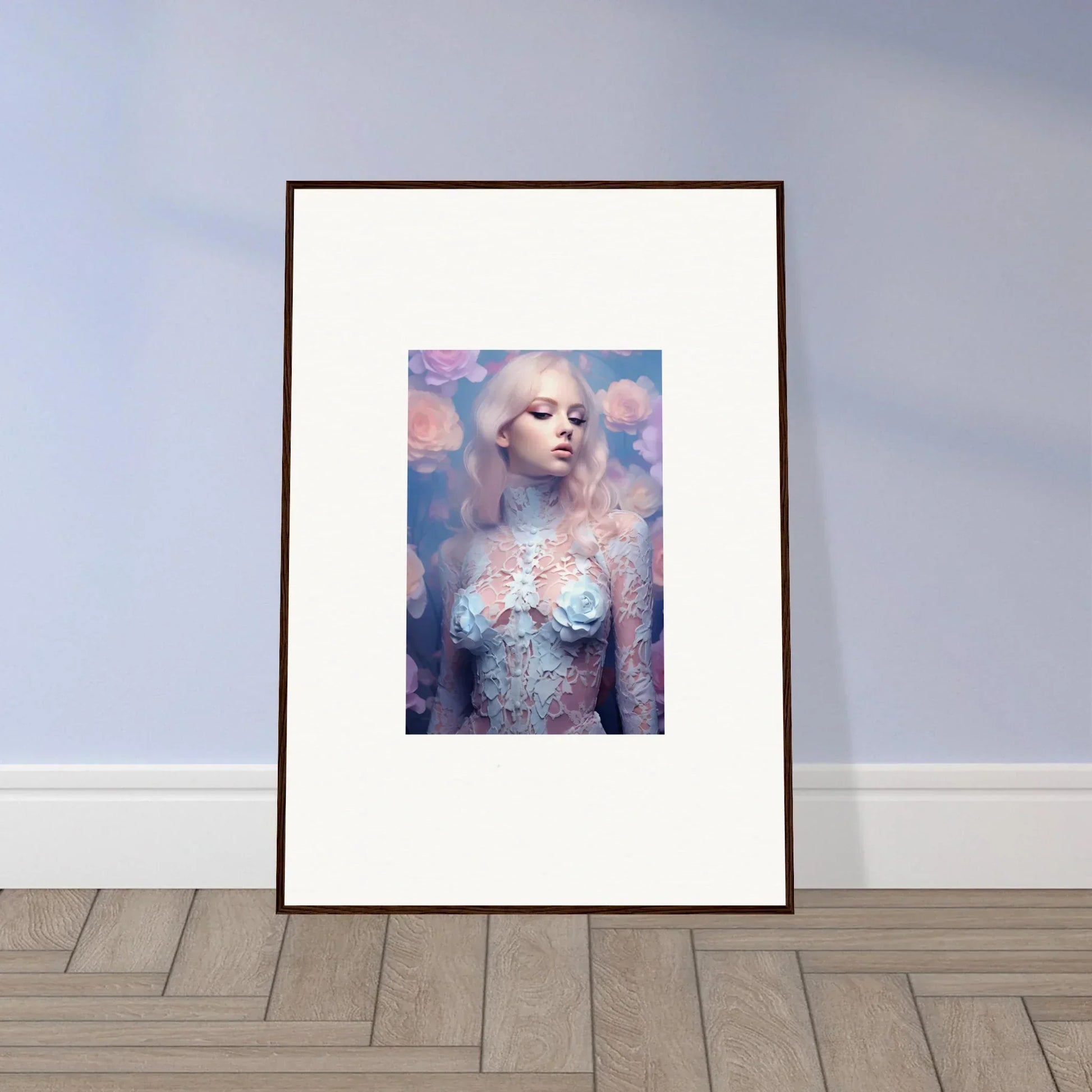 Framed wall art of a dreamy woman portrait in petal vapor hues for stylish room decor