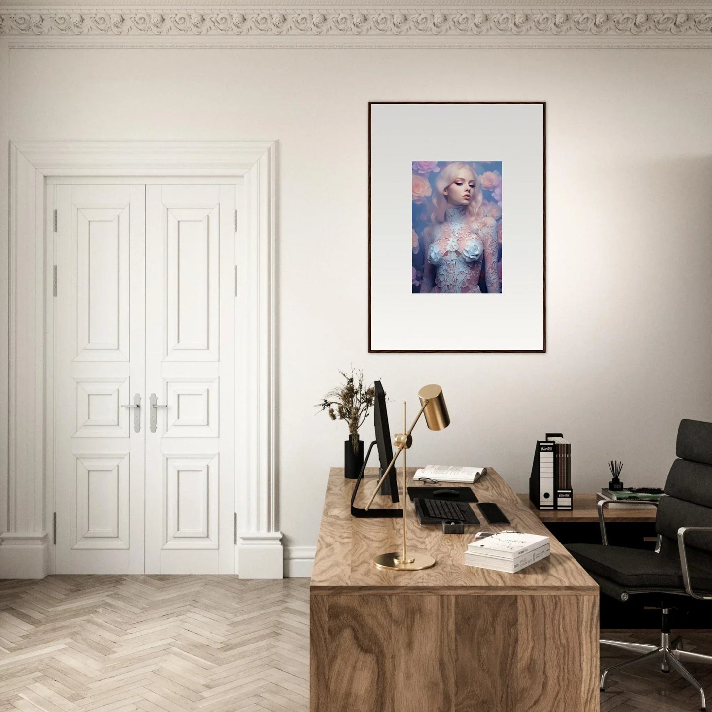 Elegant home office with a wooden desk and framed wall art, featuring Petal Vapor room decor