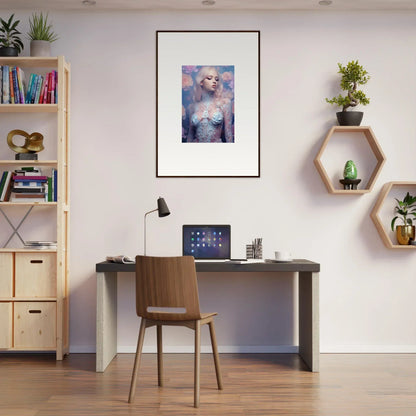 Home office workspace featuring Lace Petal Vapor decor, desk, chair, and wall art