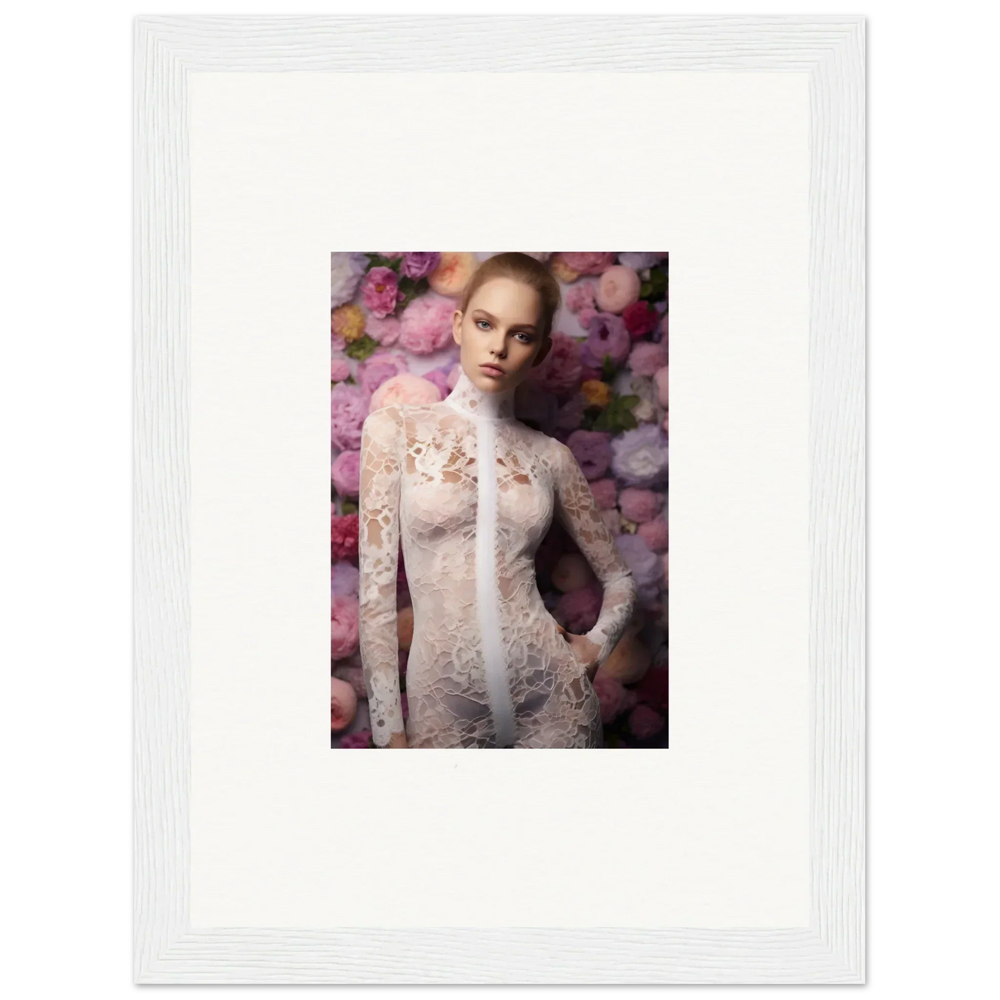 Framed portrait photograph of a woman in a lace dress surrounded by pink flowers.