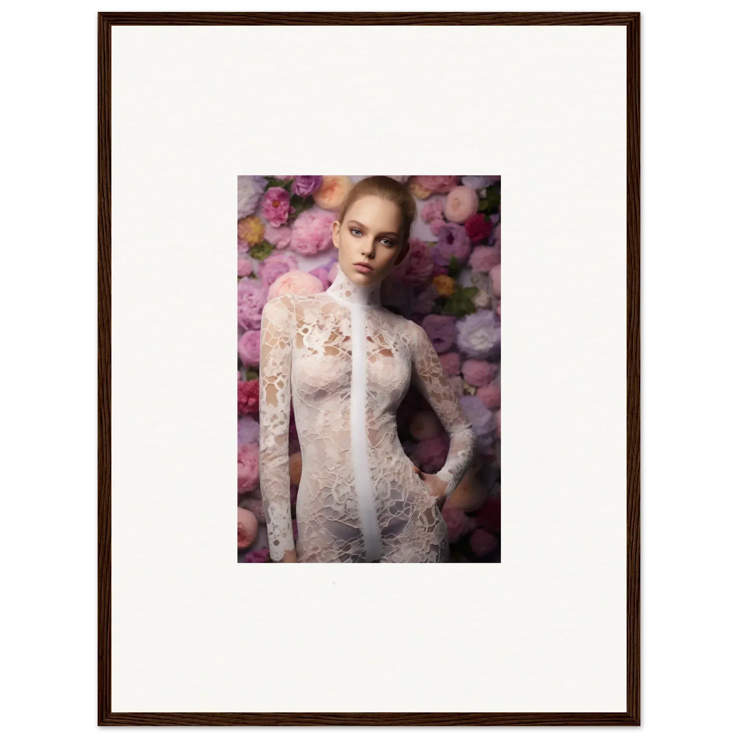 Framed portrait photograph of a woman wearing a sheer lace garment against a floral backdrop.