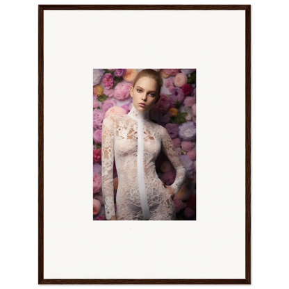 Framed portrait photograph of a woman wearing a sheer lace garment against a floral backdrop.