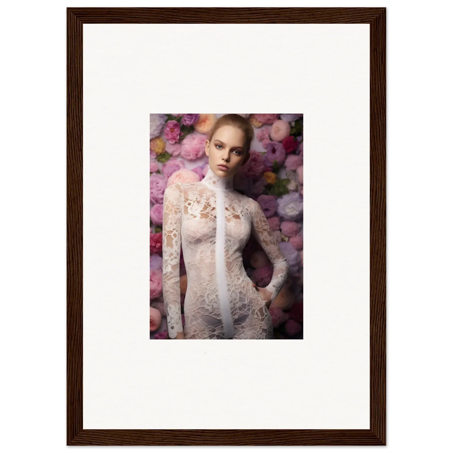 Framed portrait of a woman in a white lace dress against a floral background.