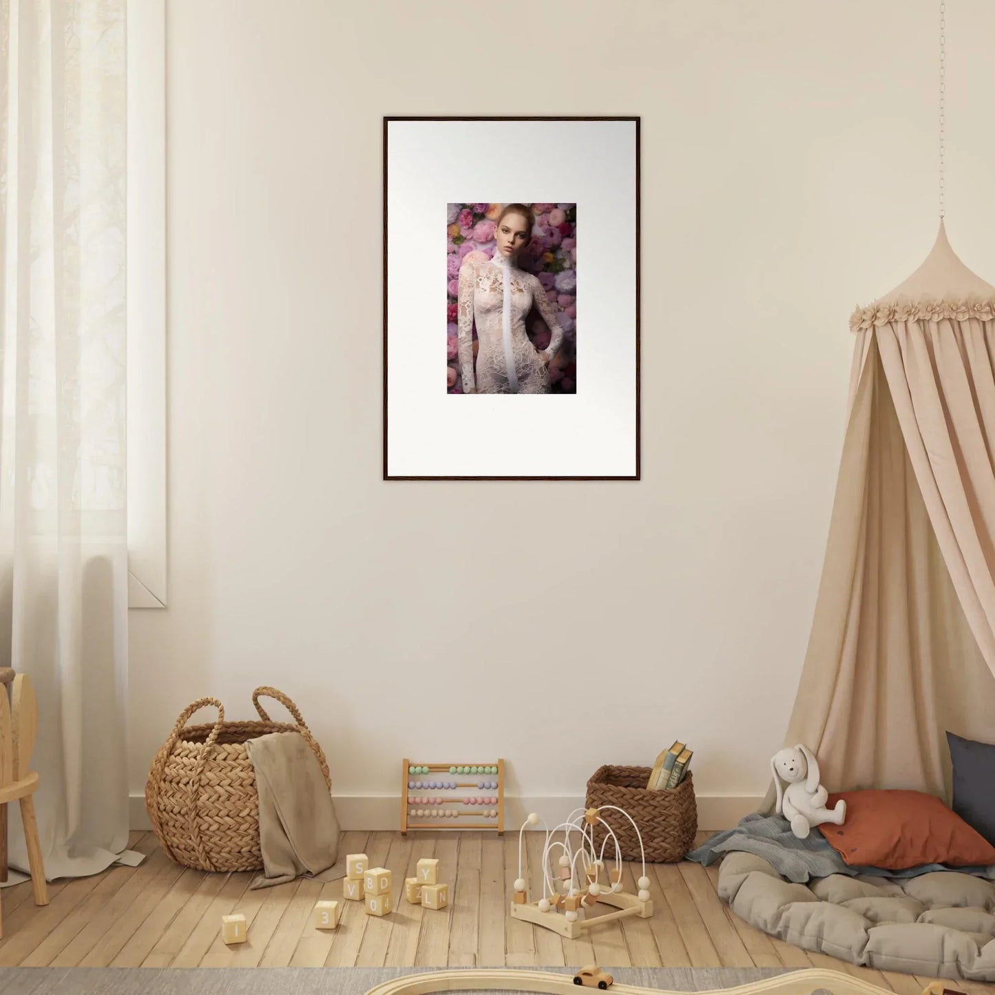 Framed artistic portrait of a nude figure with a pinkish-purple color palette.