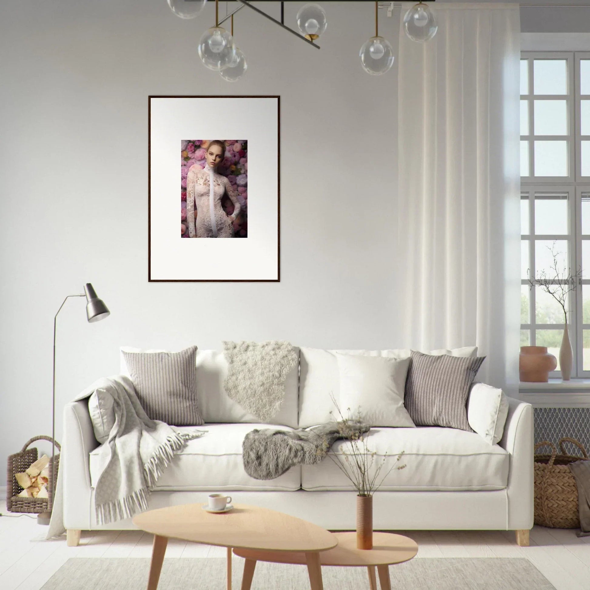 White sofa with throw pillows and blankets.