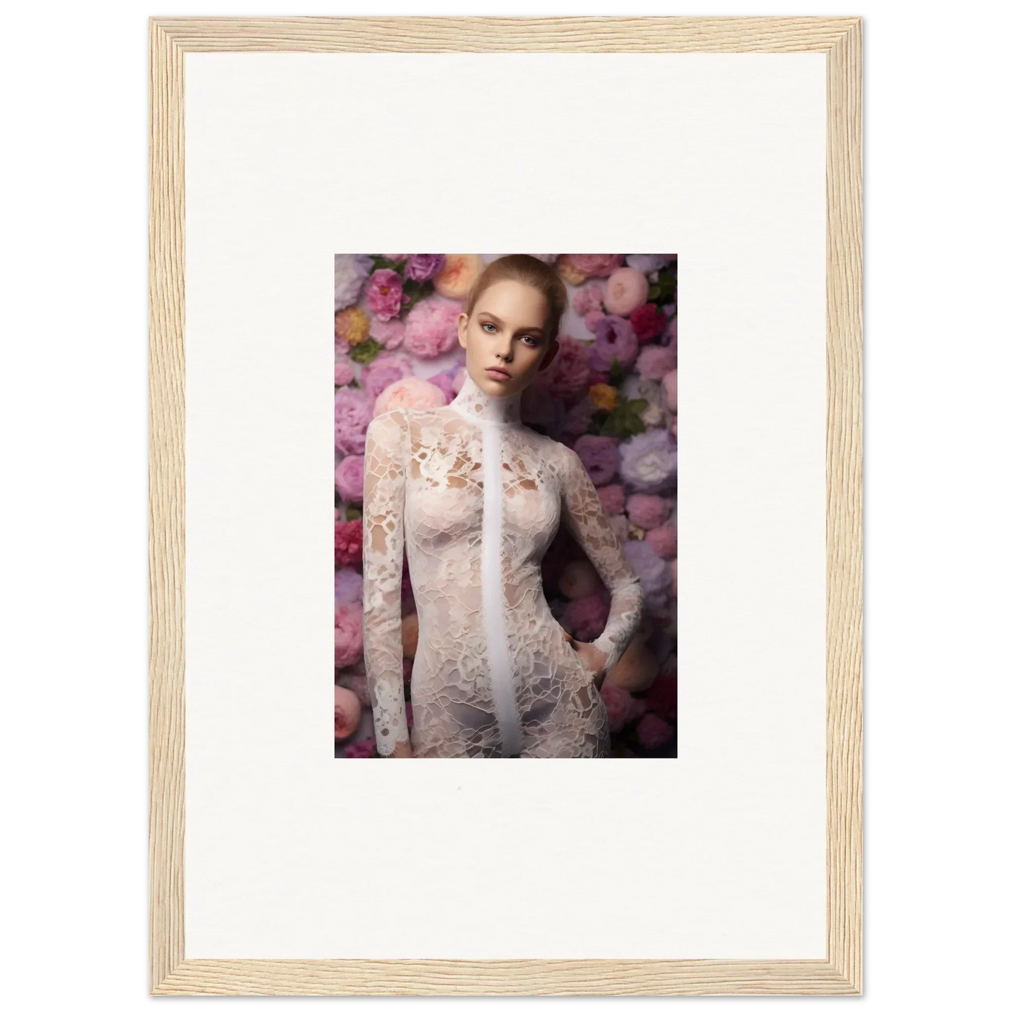 Framed photograph of a woman wearing a delicate lace garment surrounded by pink floral elements.