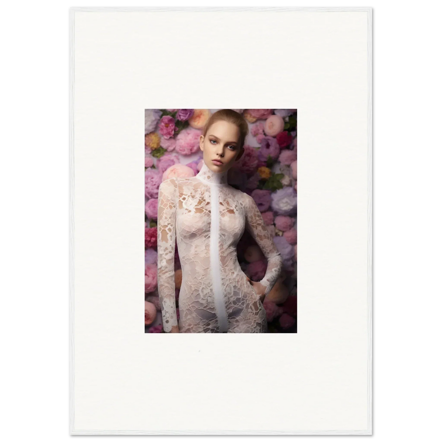 Portrait of a woman in a delicate white lace dress against a floral backdrop.