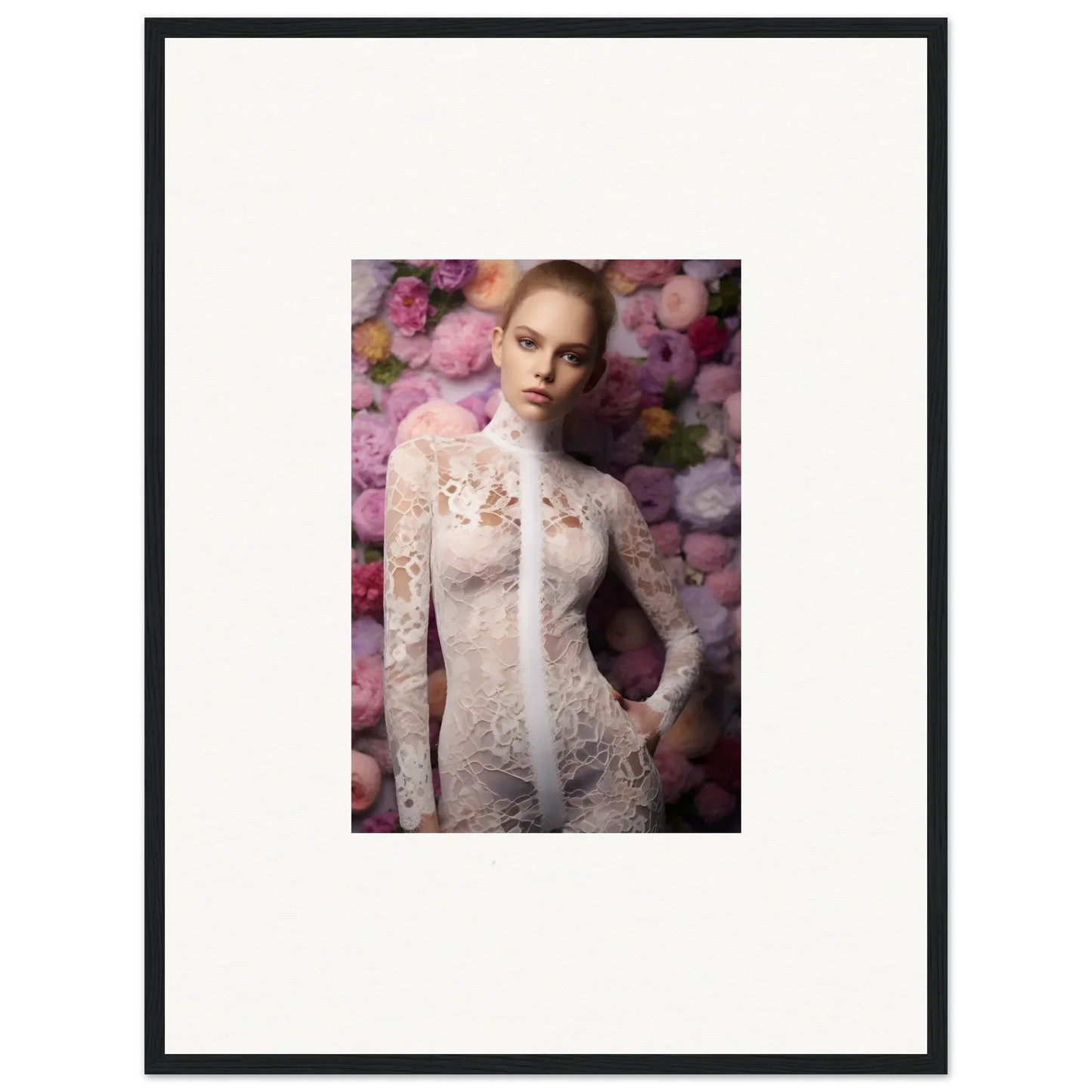 Framed portrait photograph of a woman in a sheer lace dress against a floral backdrop.