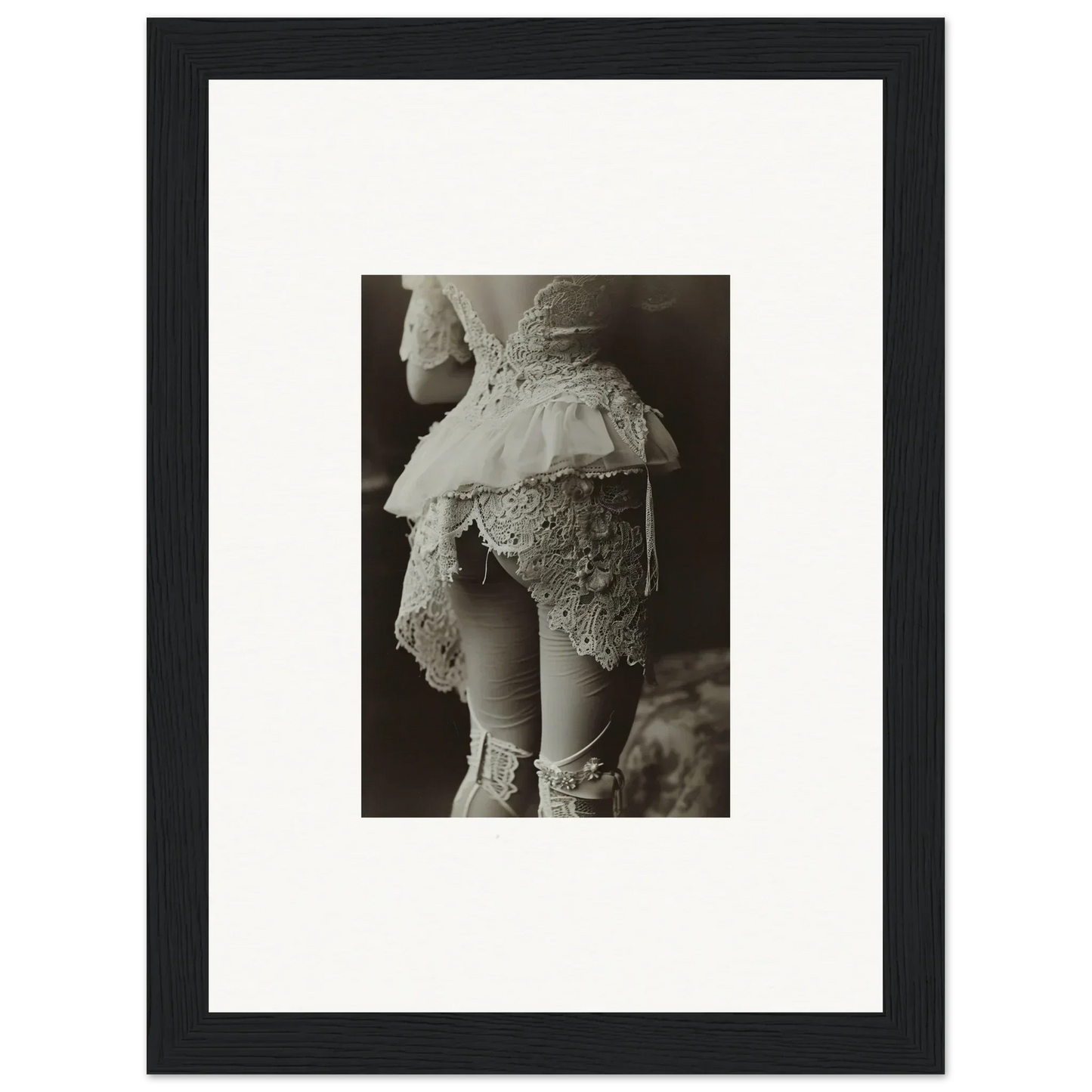 Framed black and white lace petticoat photo, perfect for chic room decoration wall art