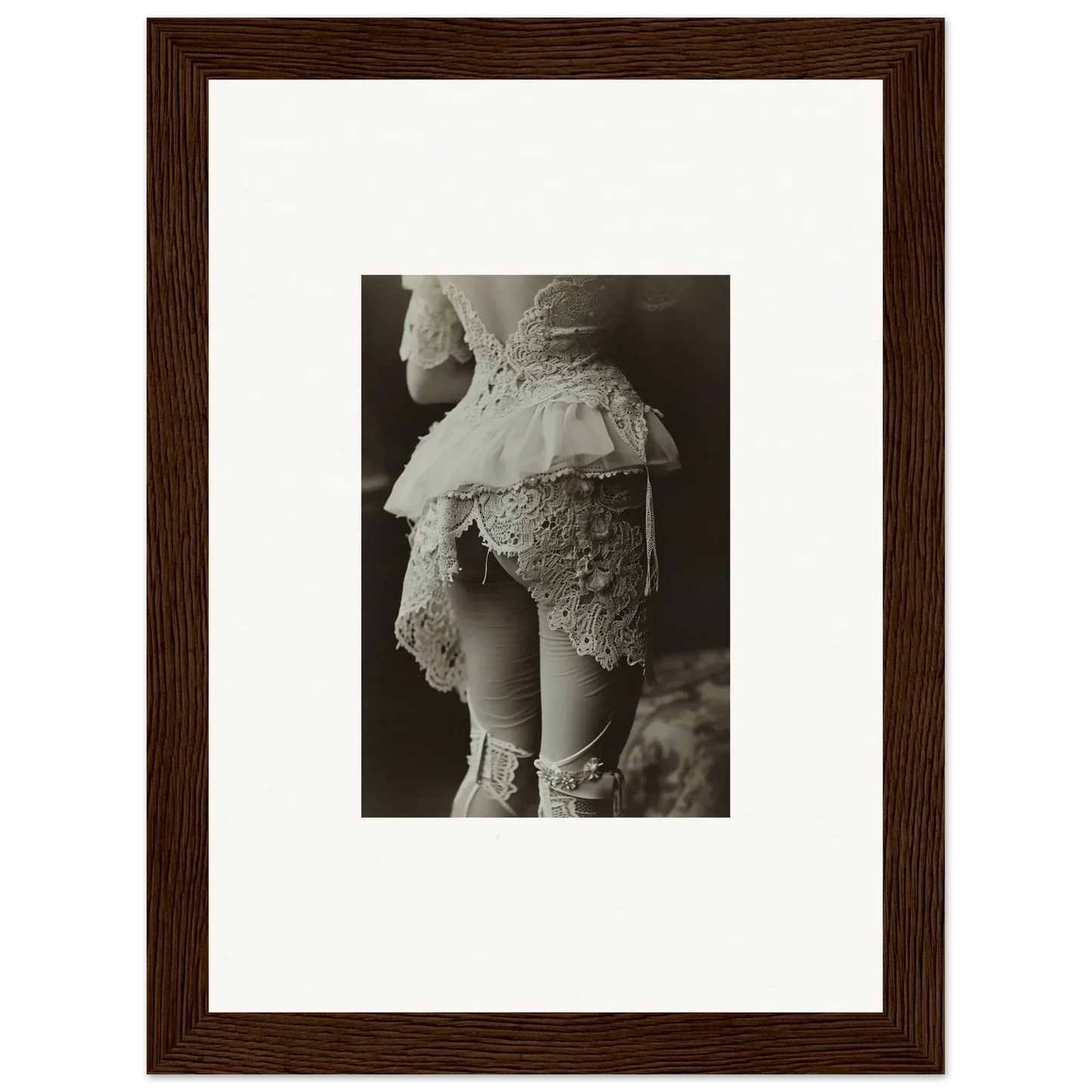 Framed black and white canvas print of an ornate lace dress for stylish room decoration