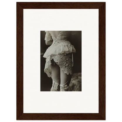 Framed black and white canvas print of an ornate lace dress for stylish room decoration