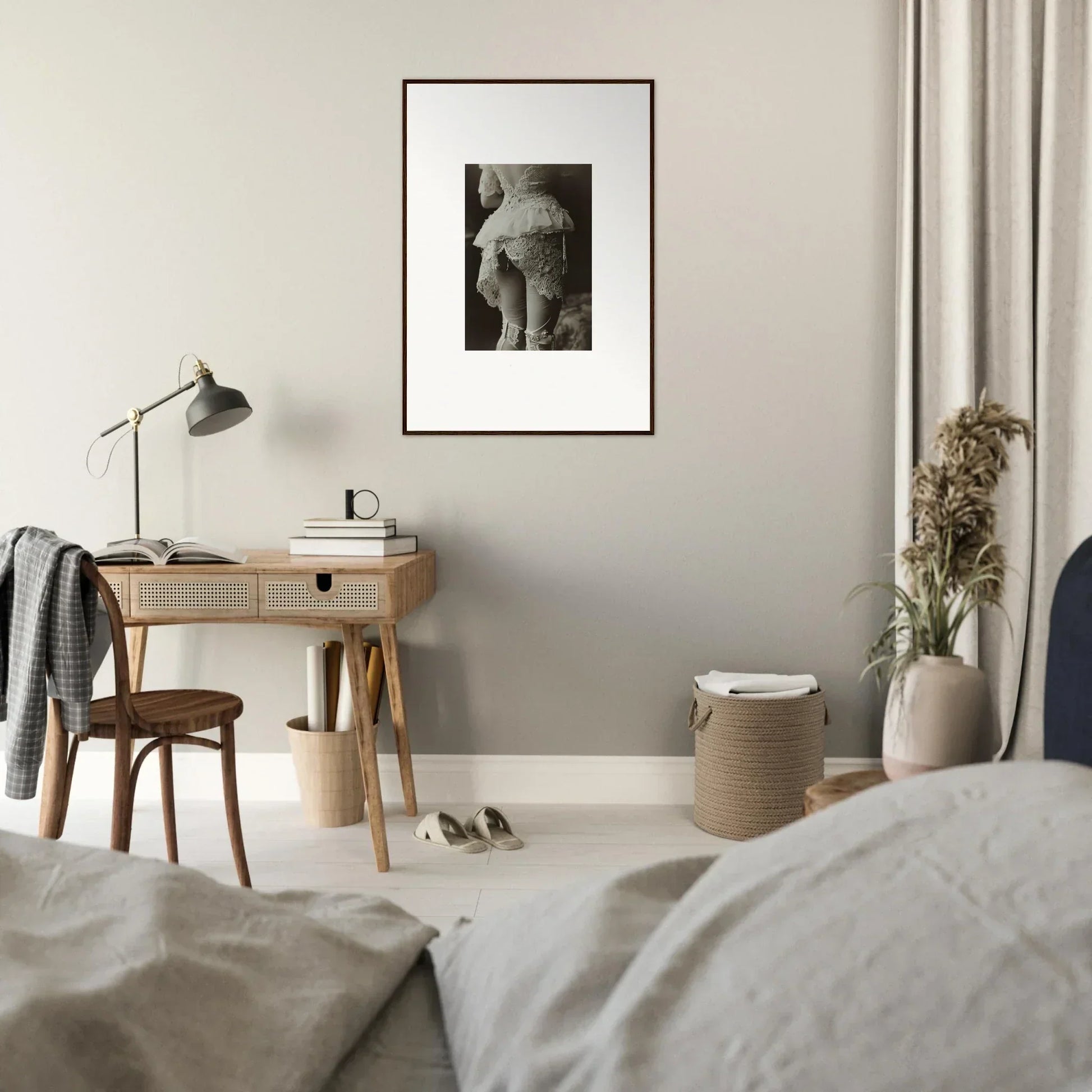 Minimalist bedroom setup with wooden desk, perfect for inspiring room decoration vibes