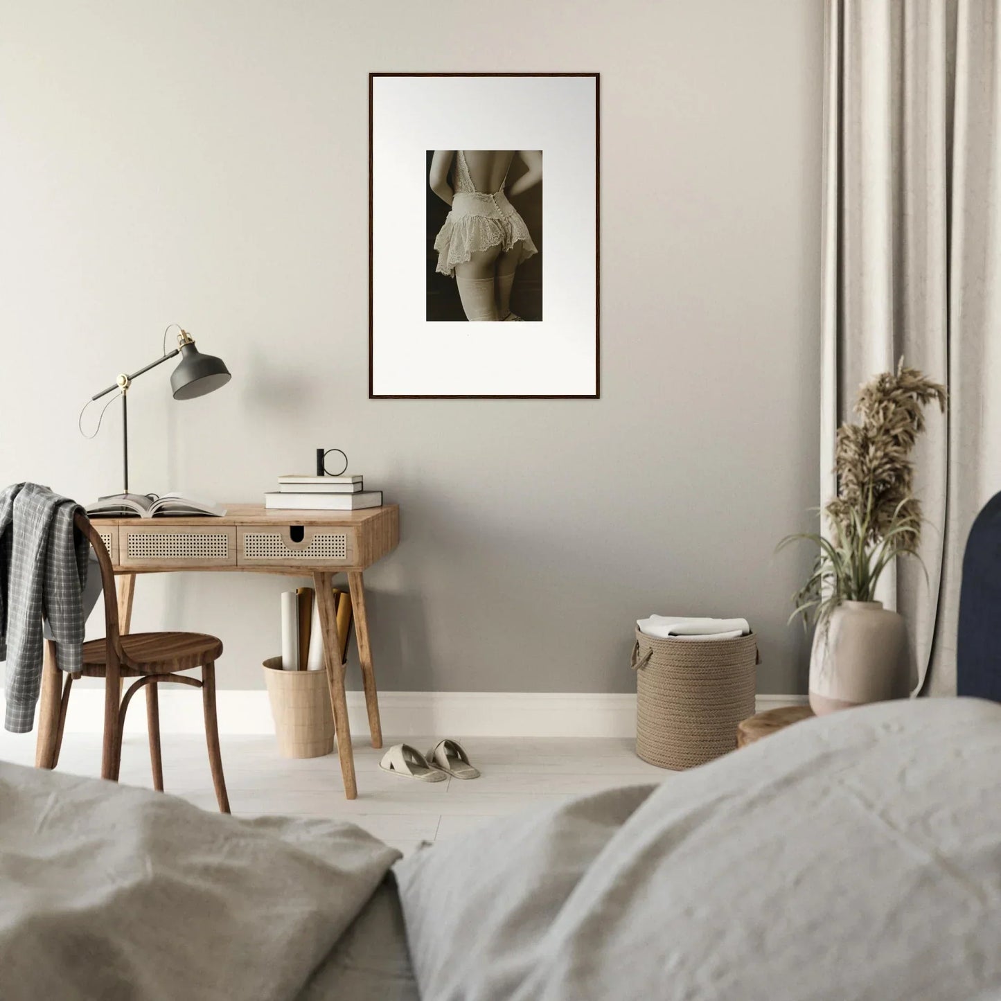 Minimalist bedroom with wooden desk and Laced Prism canvas print for stylish room decoration