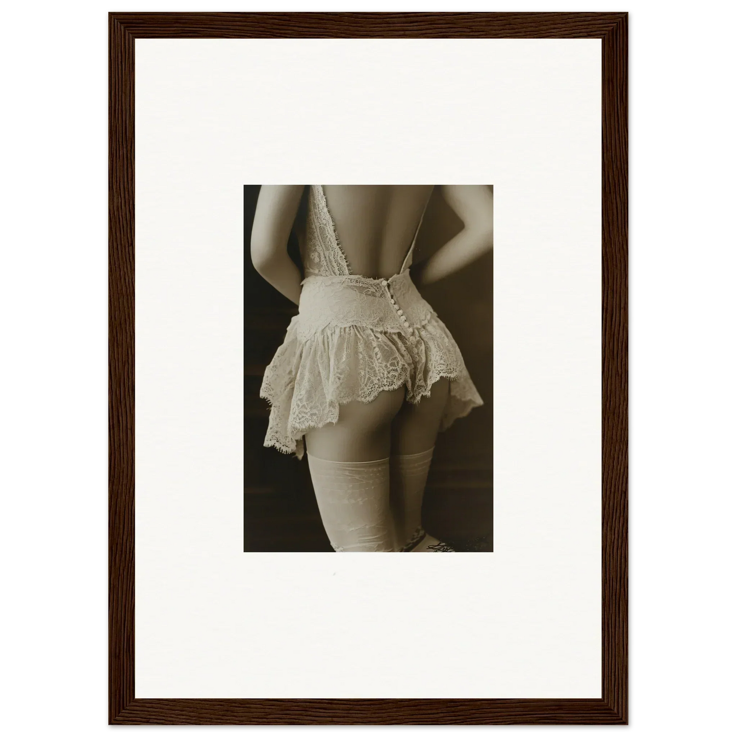 Sepia-toned canvas print of a woman in laced prism lingerie for chic room decoration