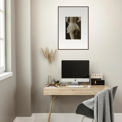 Minimalist home office vibe with a wooden desk, computer, and Laced Prism canvas print