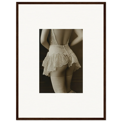 Sepia-toned canvas print of a woman’s torso in a delicate lace skirt for room decoration