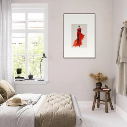 Minimalist bedroom featuring Lady Crimson Dreaming art with a bold red flamenco dress