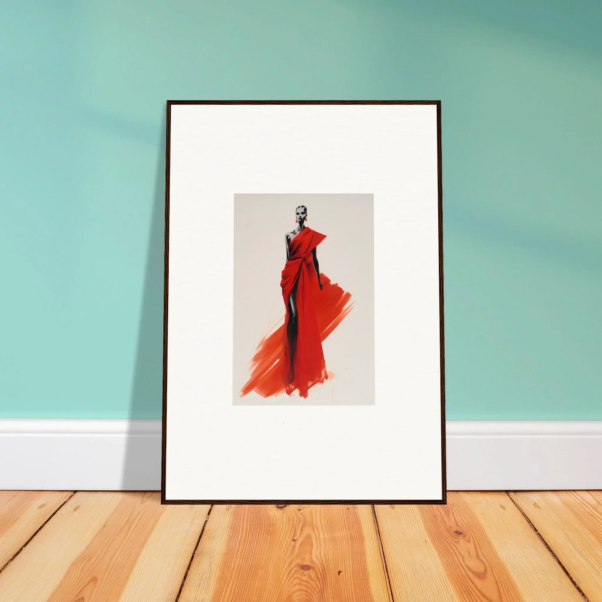 Framed fashion illustration of a flowing red gown from Lady Crimson Dreaming special edition art™