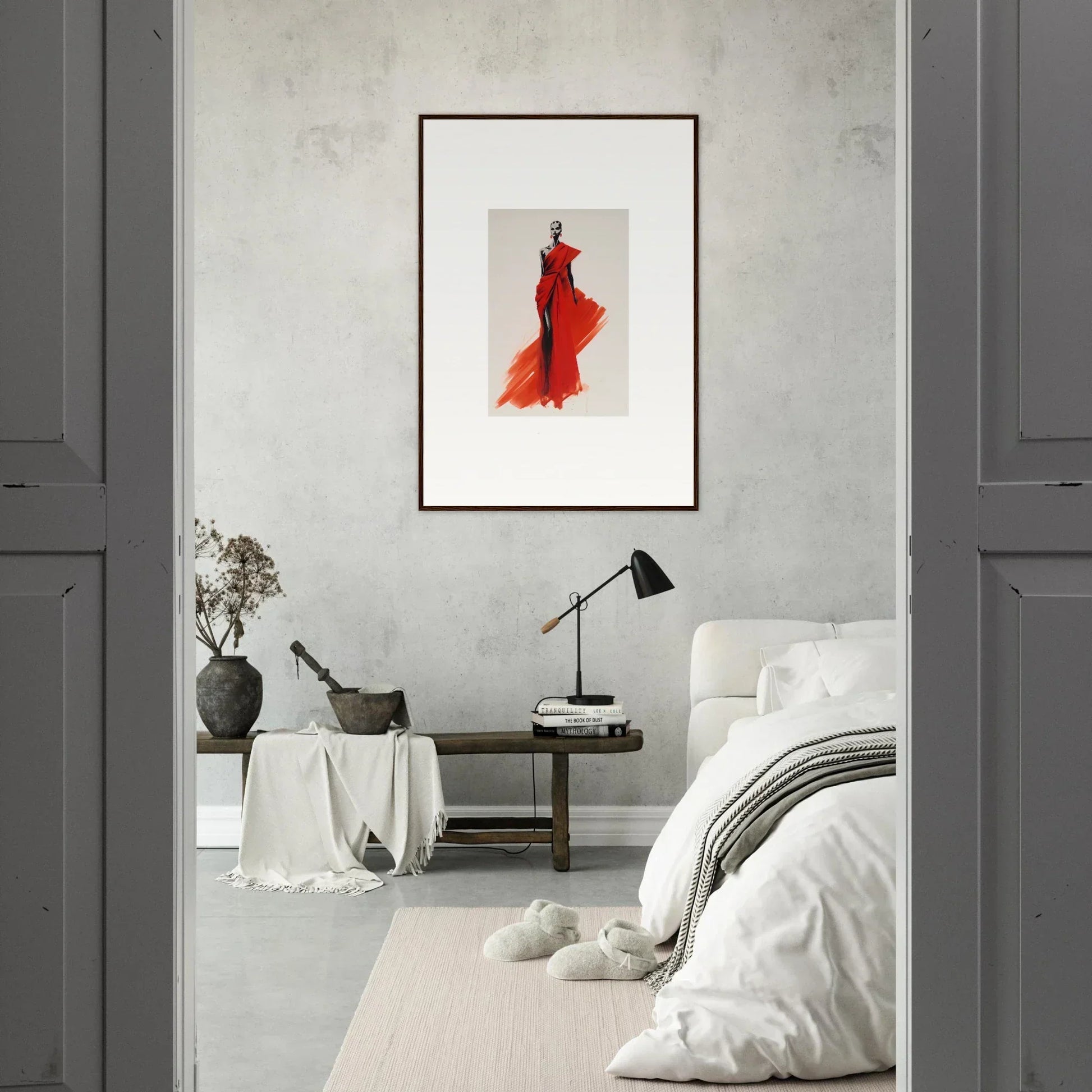 Framed Lady Crimson Dreaming red dress art on a stylish gray wall. Special Edition Art™