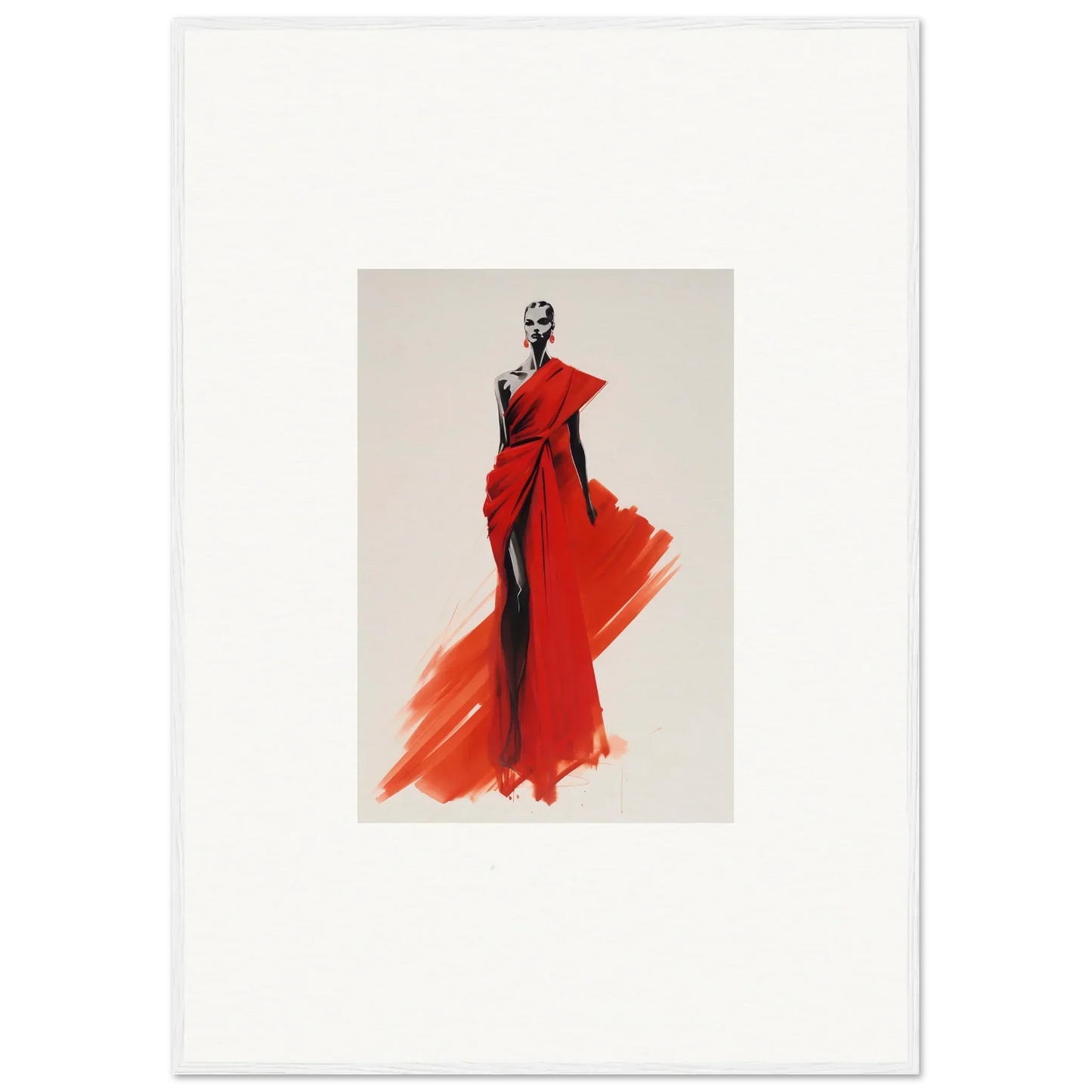 Fashion illustration of Lady Crimson Dreaming dramatic red evening gown with flowing fabric