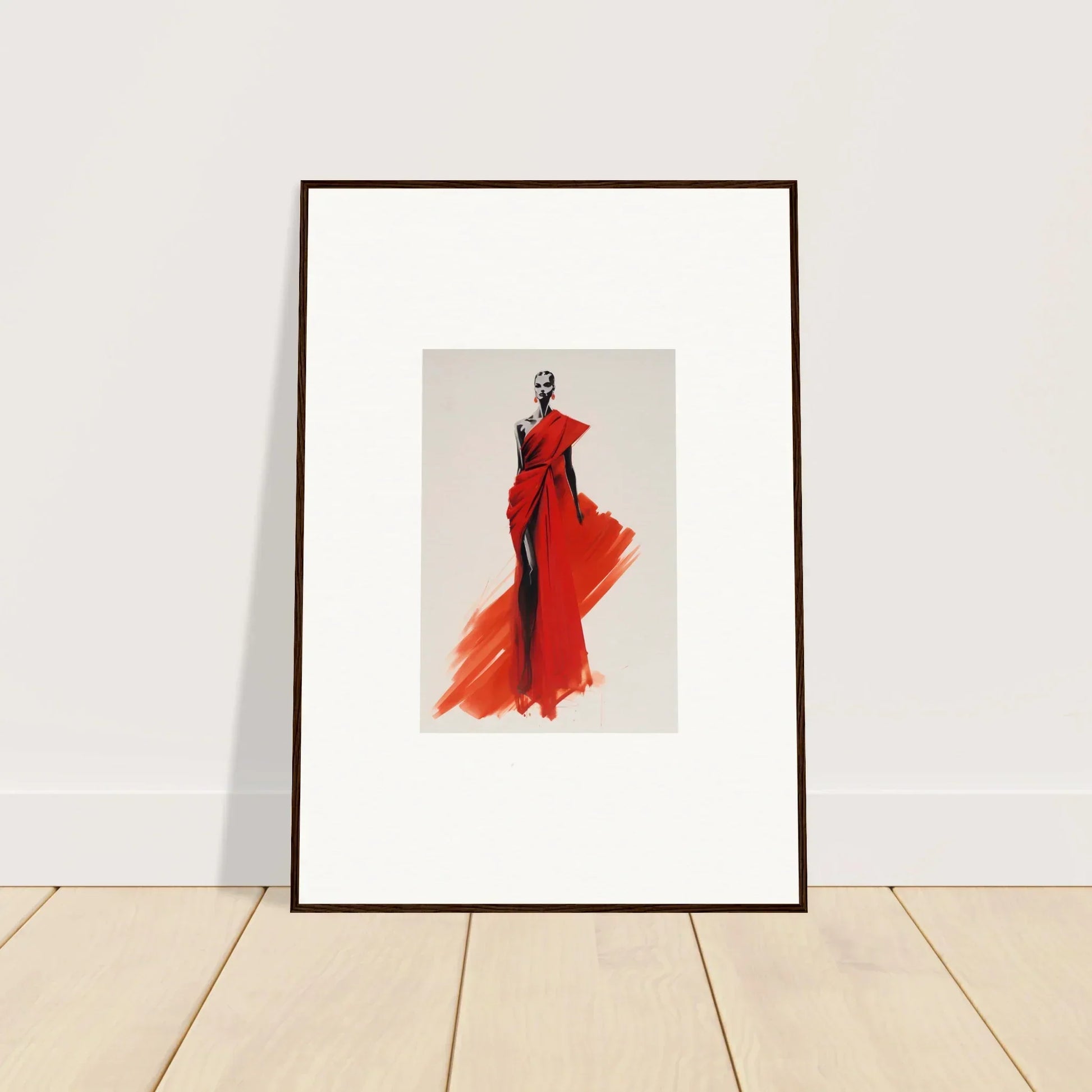 Framed fashion illustration of a flowing red evening gown from Lady Crimson Dreaming