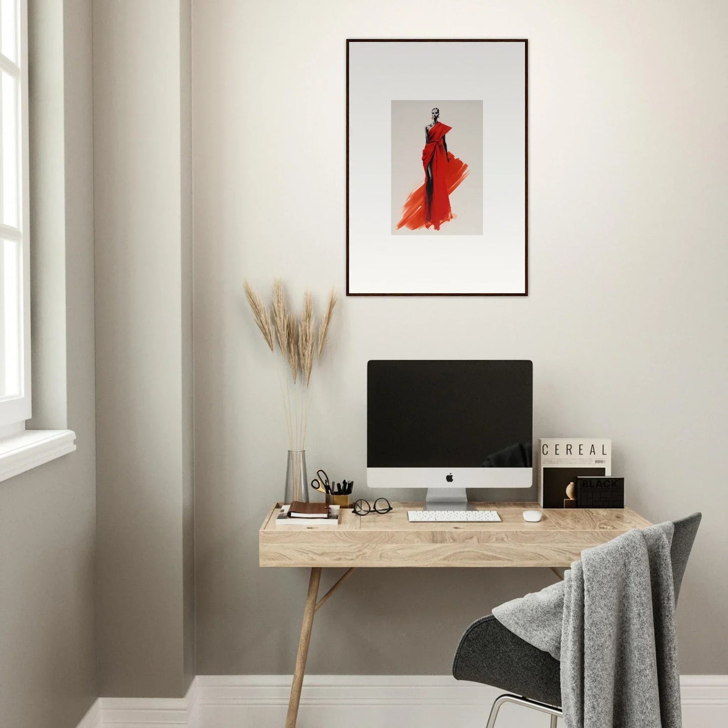 Minimalist home office with wooden desk and iMac, featuring Lady Crimson Dreaming art