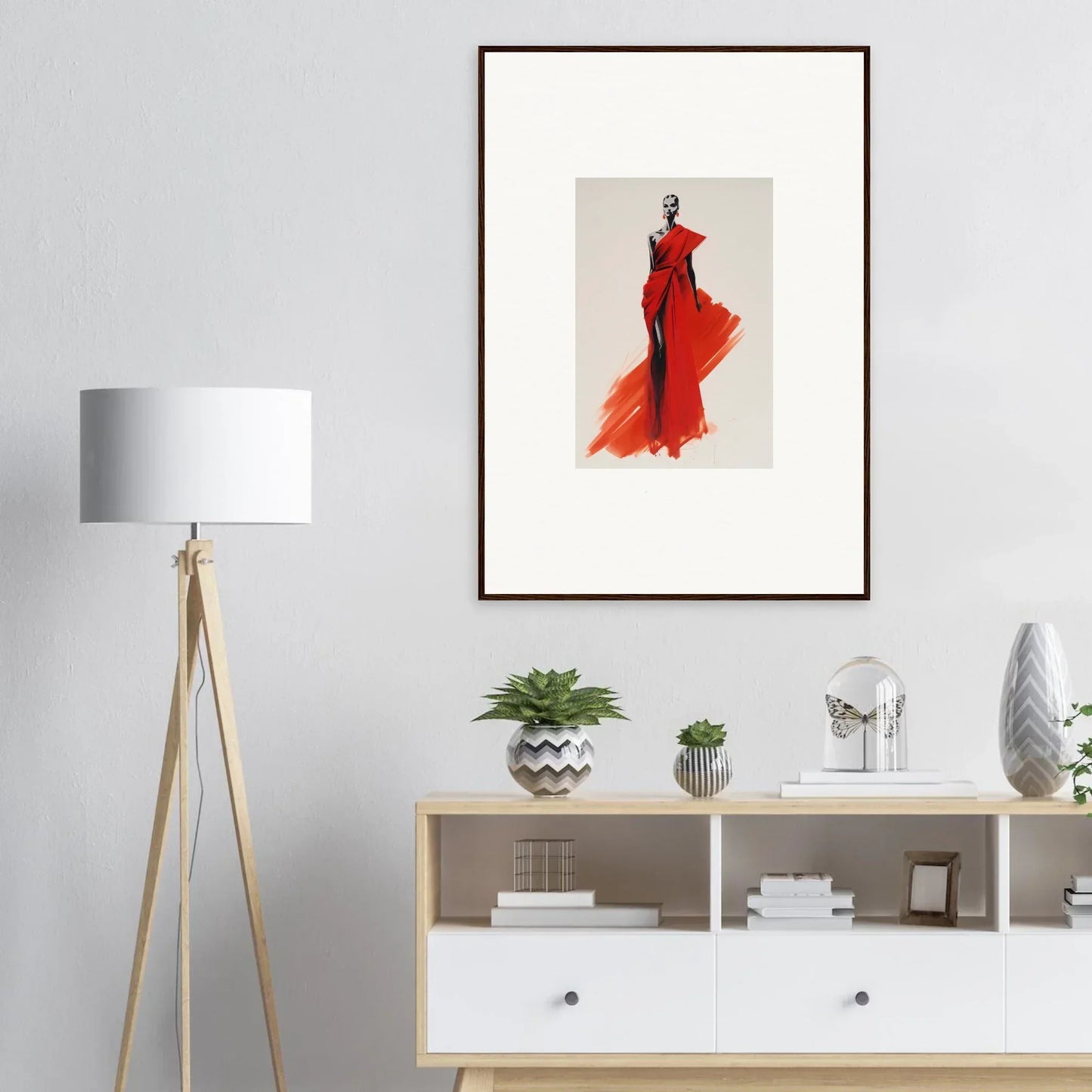 Framed fashion illustration of a flowing red dress from Lady Crimson Dreaming special edition art™