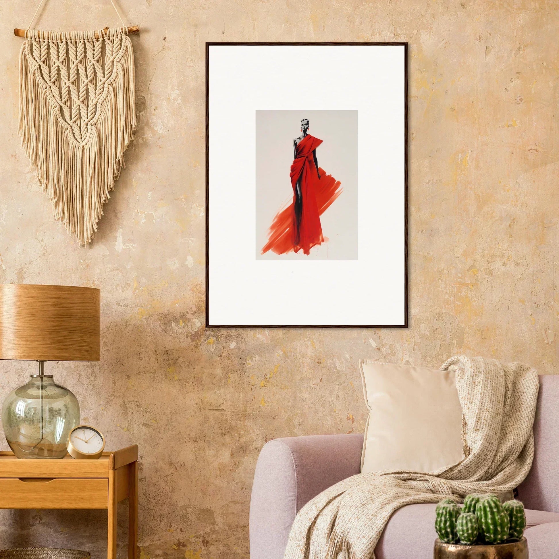 Framed artwork of Lady Crimson Dreaming with a flowing red dress on white background