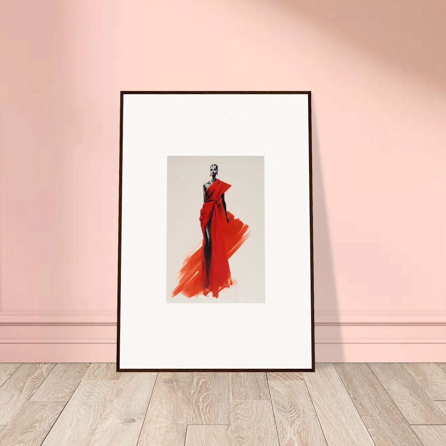 Framed fashion illustration of a flowing red evening gown for Lady Crimson Dreaming