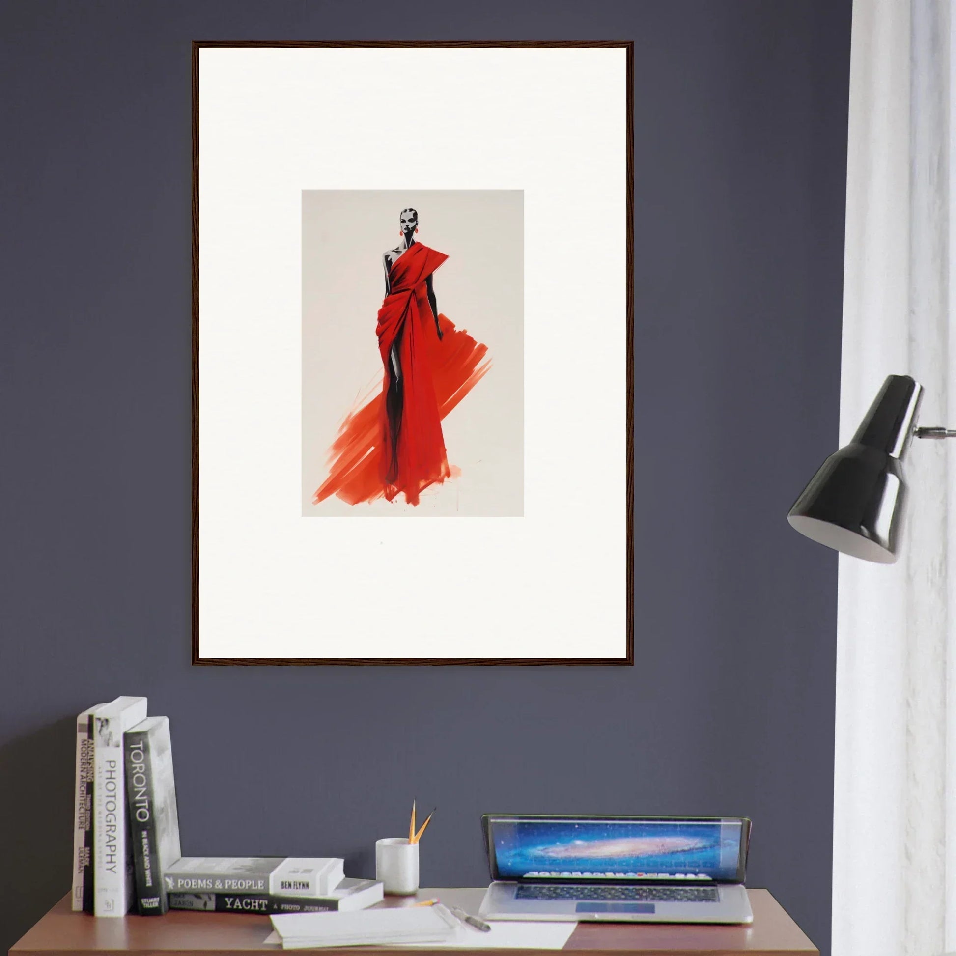 Fashion illustration of a figure in a flowing red evening gown from Lady Crimson Dreaming