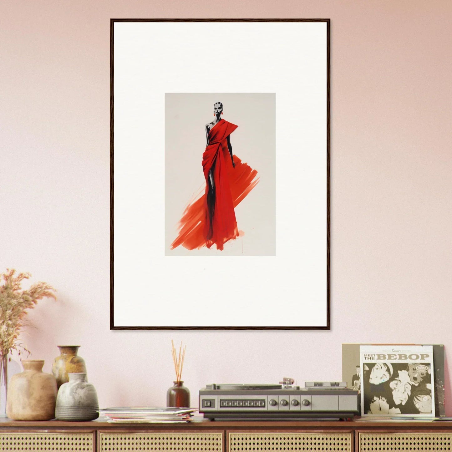 Framed fashion illustration of Lady Crimson in a flowing red gown, part of Lady Crimson Dreaming