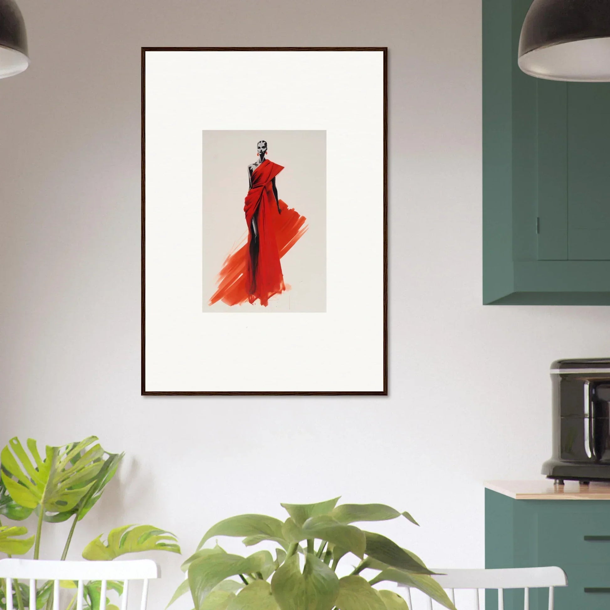 Framed fashion illustration of Lady Crimson Dreaming red evening gown art