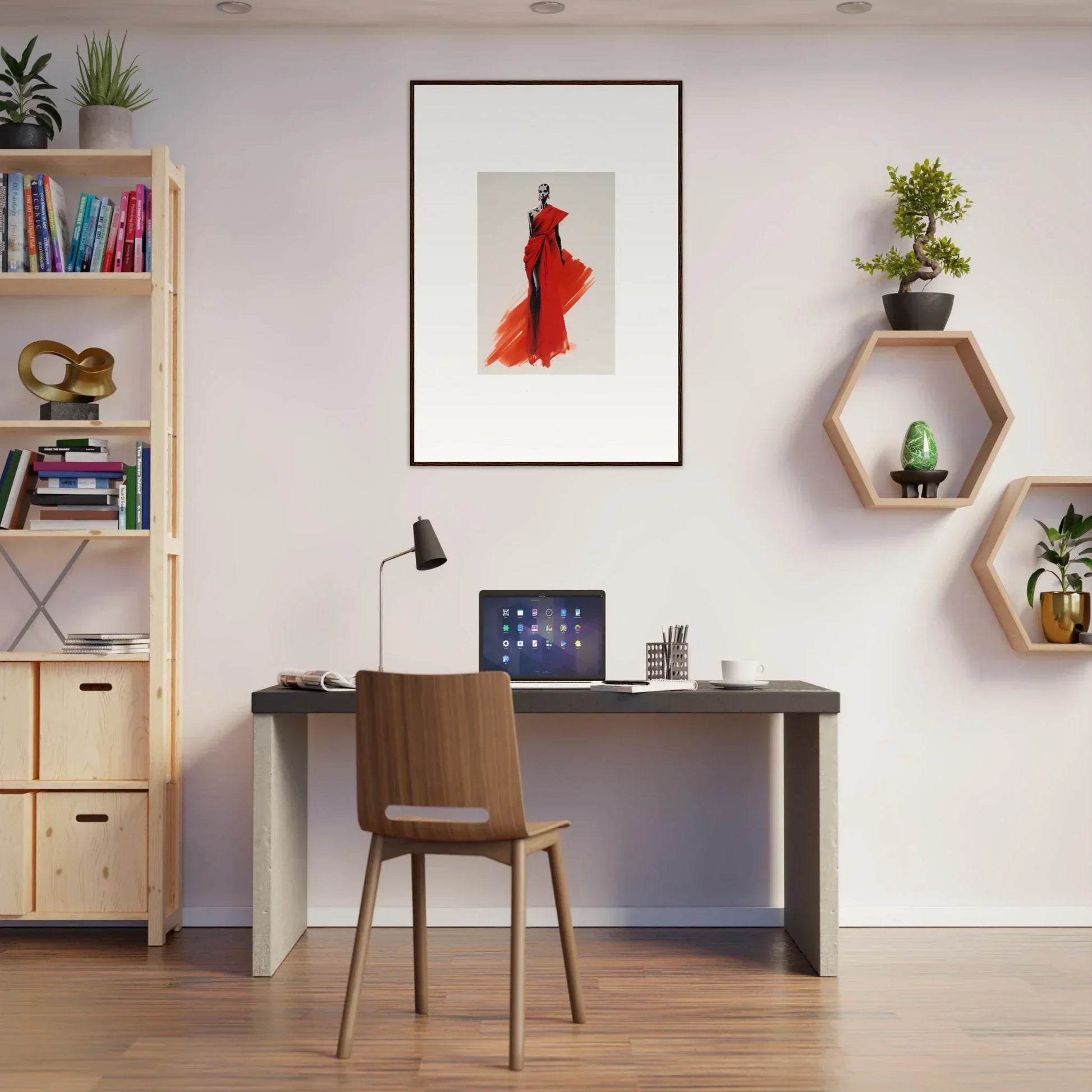 Modern home office with Lady Crimson Dreaming art, simple desk, and wooden chair