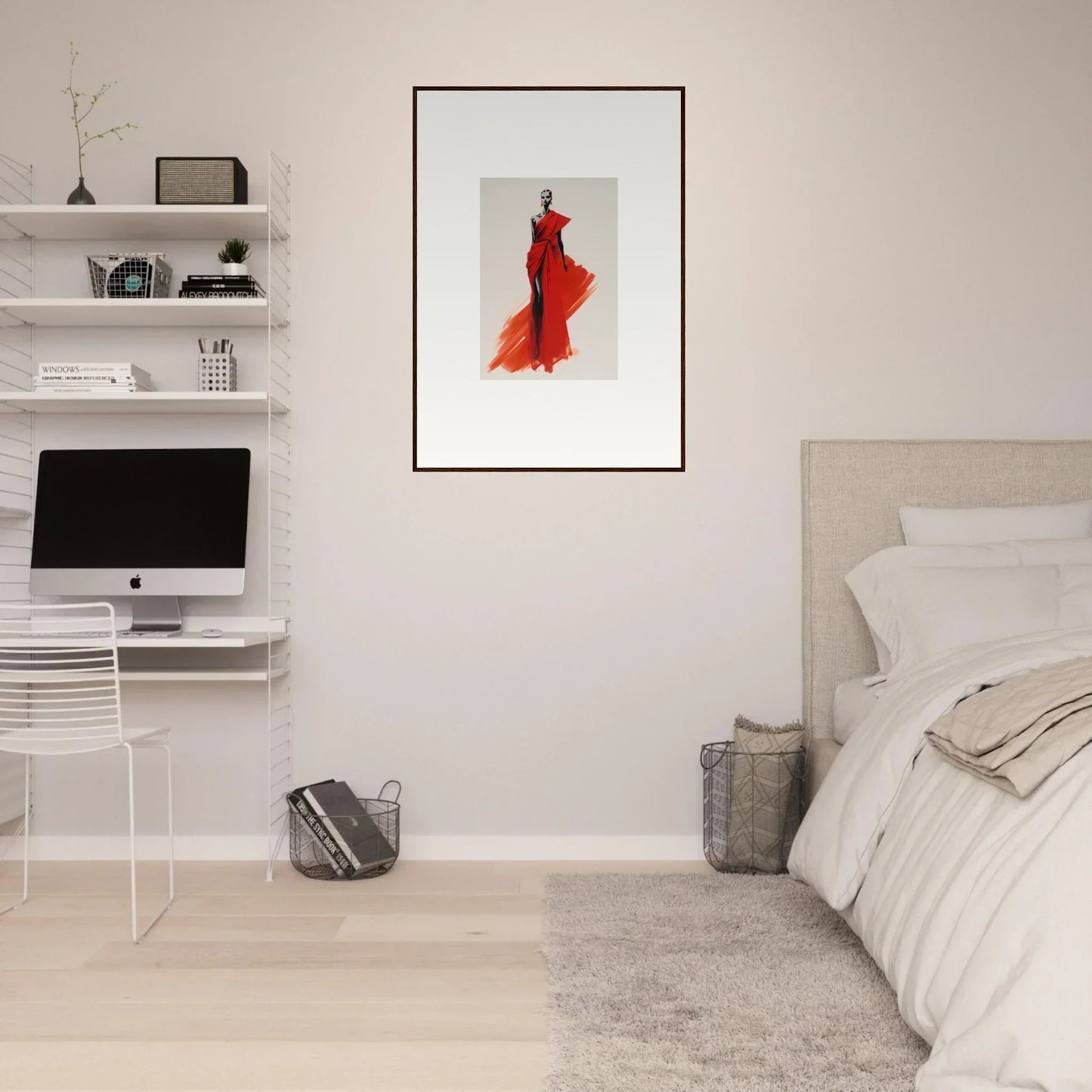 Minimalist bedroom featuring Lady Crimson Dreaming framed dress art on the wall