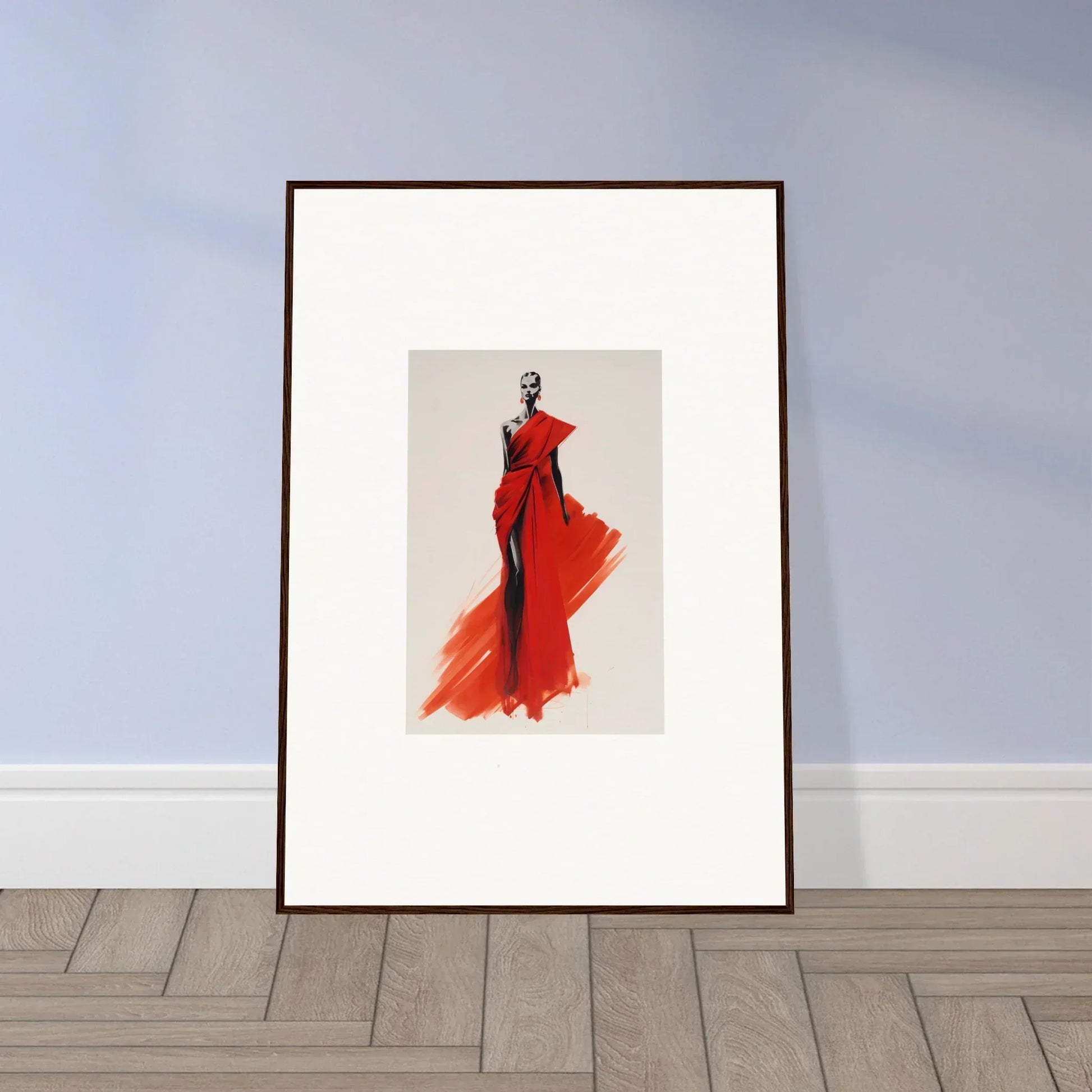 Framed fashion illustration of a flowing red dress from Lady Crimson Dreaming special edition art™