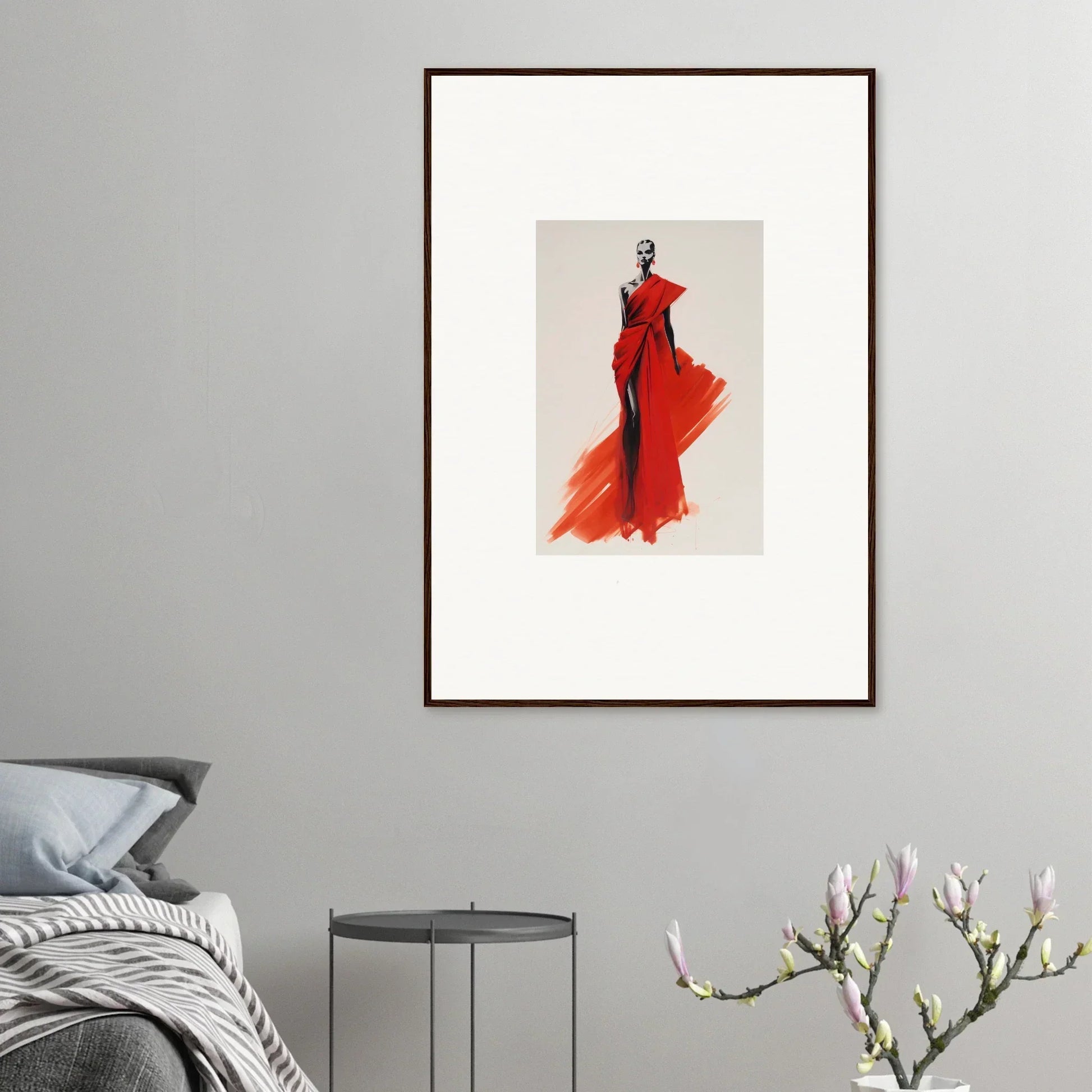 Fashion illustration of Lady Crimson Dreaming in a stunning red evening gown