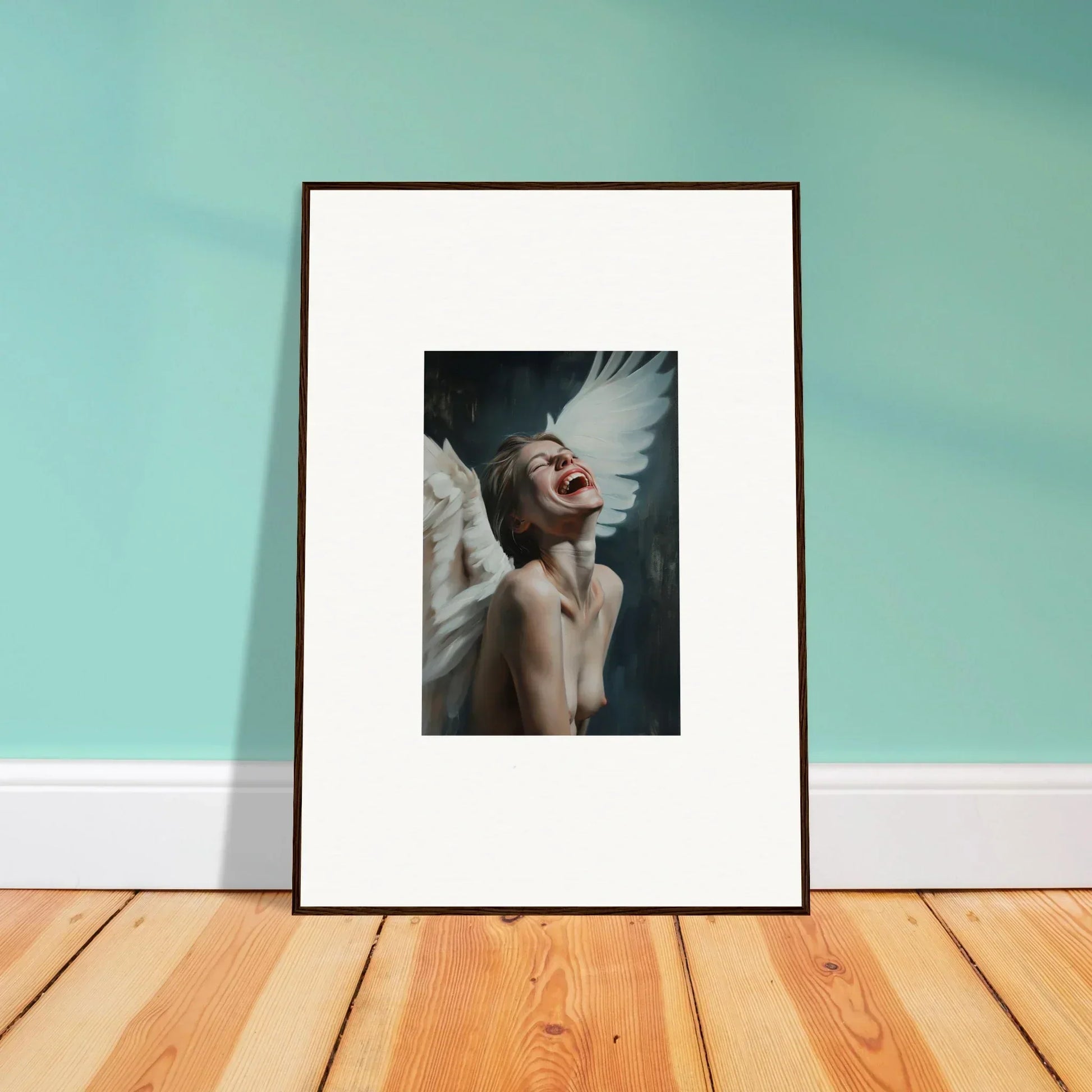 Framed canvas print of a person with windswept hair, perfect for fun wall art decor