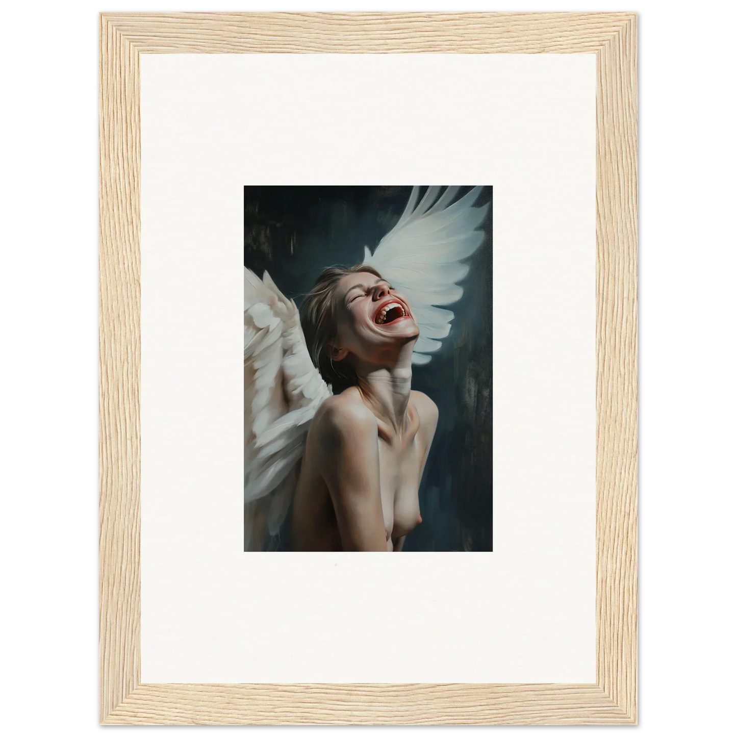 Framed canvas print of a person laughing with wing-like decor for unique room decoration