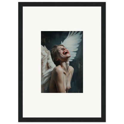 Framed Laughing Etheriad wall art of a figure with white wings, perfect room decoration